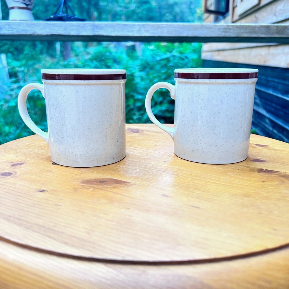 Vintage Stoneware Coffee Mug Set 2 Large Brown Cream Speckled Northland Scandia